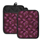 Purple Japanese Amaryllis Pattern Print Pot Holders With Pocket
