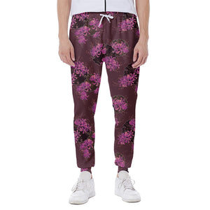 Purple Japanese Amaryllis Pattern Print Scuba Joggers