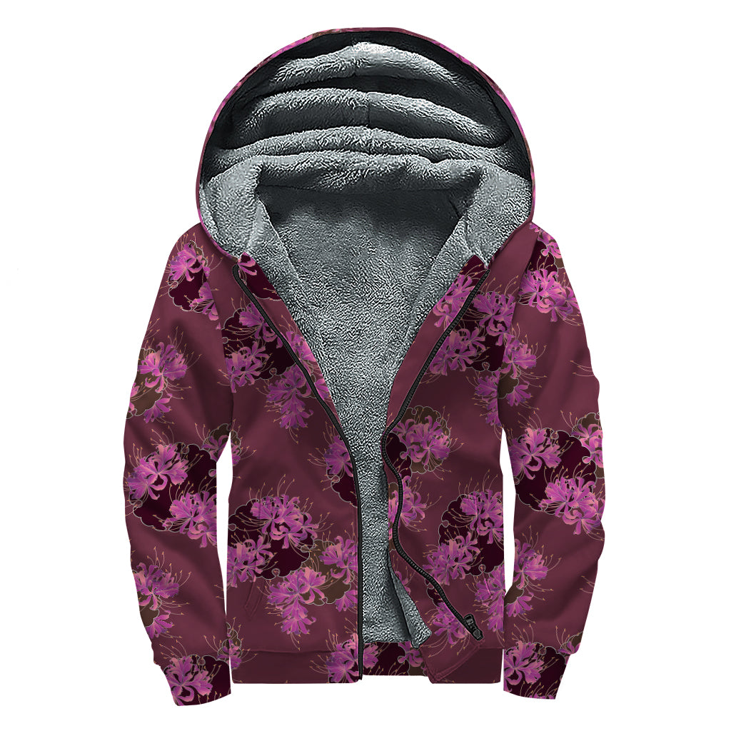 Purple Japanese Amaryllis Pattern Print Sherpa Lined Zip Up Hoodie