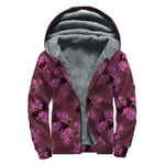 Purple Japanese Amaryllis Pattern Print Sherpa Lined Zip Up Hoodie