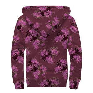 Purple Japanese Amaryllis Pattern Print Sherpa Lined Zip Up Hoodie