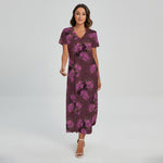 Purple Japanese Amaryllis Pattern Print Short Sleeve Maxi Dress