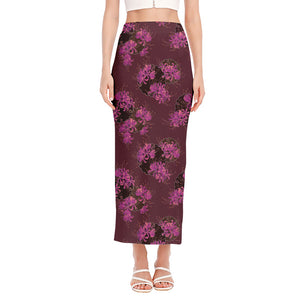 Purple Japanese Amaryllis Pattern Print Side Slit Maxi Skirt