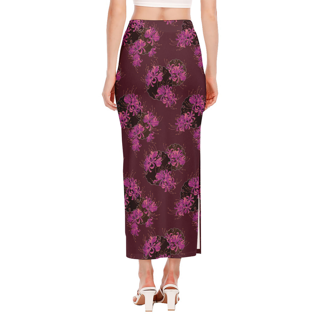 Purple Japanese Amaryllis Pattern Print Side Slit Maxi Skirt