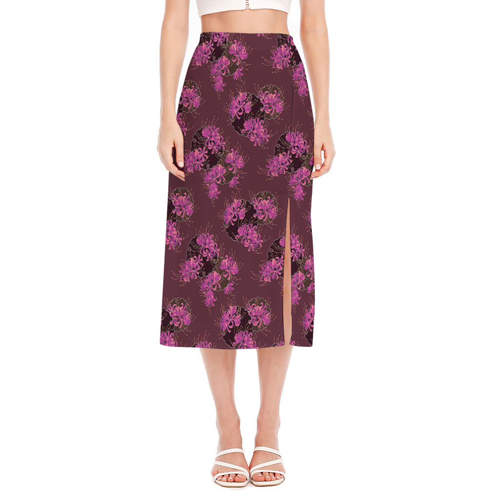 Purple Japanese Amaryllis Pattern Print Side Slit Midi Skirt