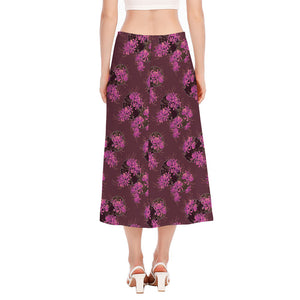 Purple Japanese Amaryllis Pattern Print Side Slit Midi Skirt