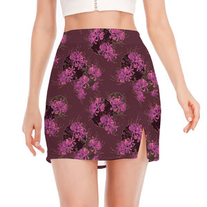 Purple Japanese Amaryllis Pattern Print Side Slit Mini Skirt