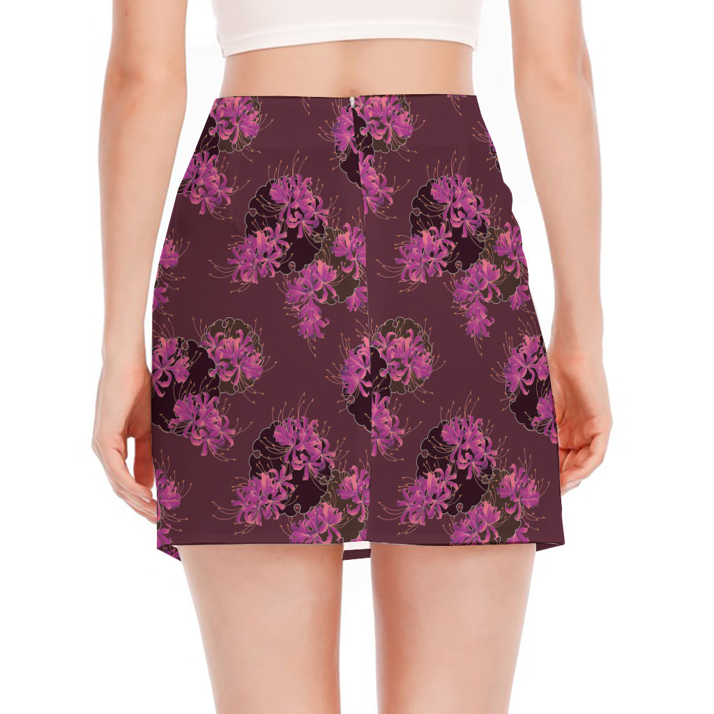 Purple Japanese Amaryllis Pattern Print Side Slit Mini Skirt