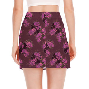 Purple Japanese Amaryllis Pattern Print Side Slit Mini Skirt