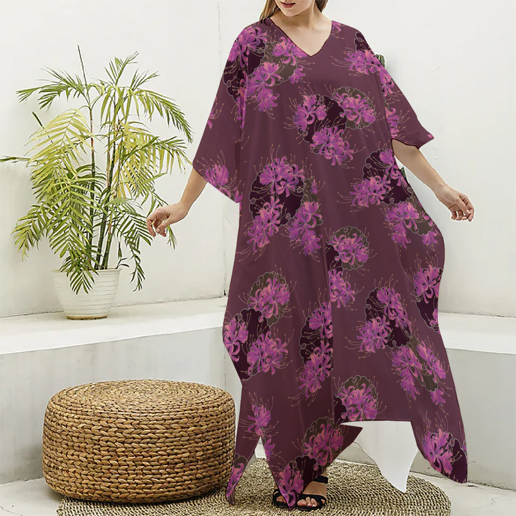 Purple Japanese Amaryllis Pattern Print Silk V-Neck Kaftan Dress