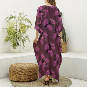 Purple Japanese Amaryllis Pattern Print Silk V-Neck Kaftan Dress