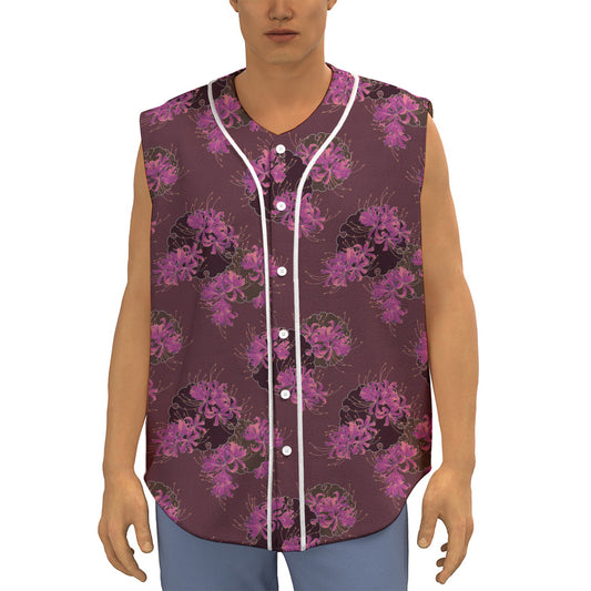Purple Japanese Amaryllis Pattern Print Sleeveless Baseball Jersey