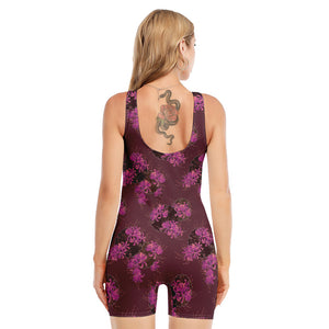 Purple Japanese Amaryllis Pattern Print Sleeveless One Piece Swimsuit