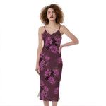 Purple Japanese Amaryllis Pattern Print Slim Fit Midi Cami Dress