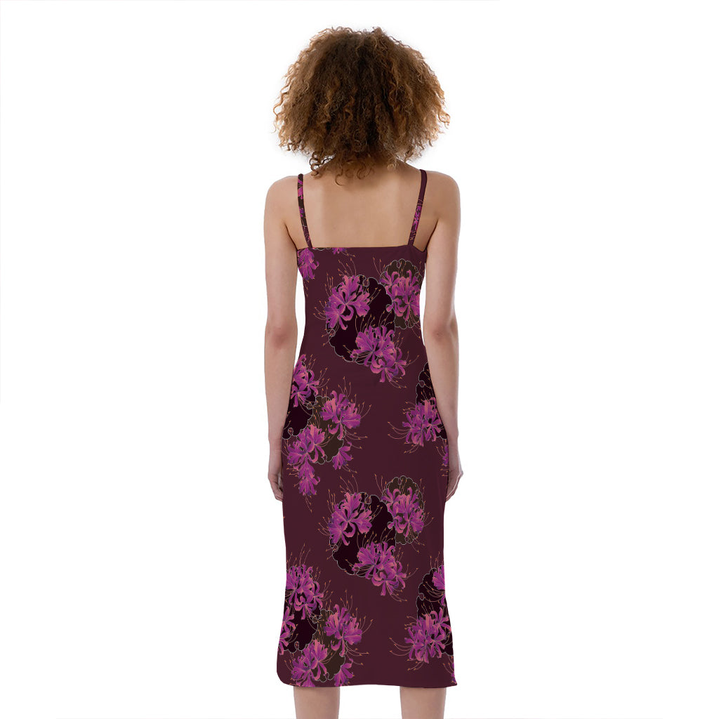 Purple Japanese Amaryllis Pattern Print Slim Fit Midi Cami Dress