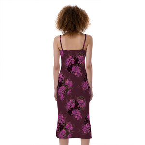 Purple Japanese Amaryllis Pattern Print Slim Fit Midi Cami Dress