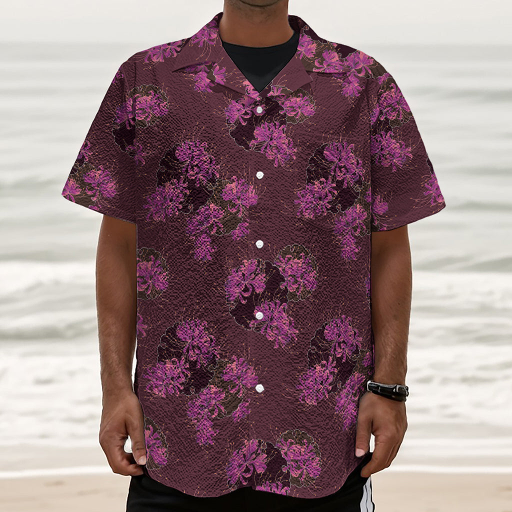 Purple Japanese Amaryllis Pattern Print Textured Short Sleeve Shirt