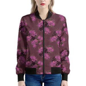 Purple Japanese Amaryllis Pattern Print Women's Bomber Jacket