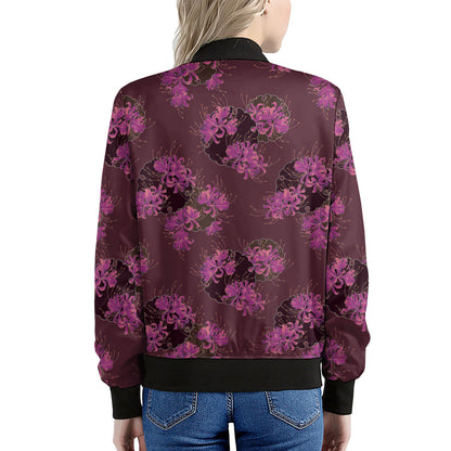 Purple Japanese Amaryllis Pattern Print Women's Bomber Jacket