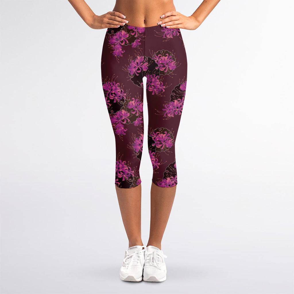 Purple Japanese Amaryllis Pattern Print Women's Capri Leggings