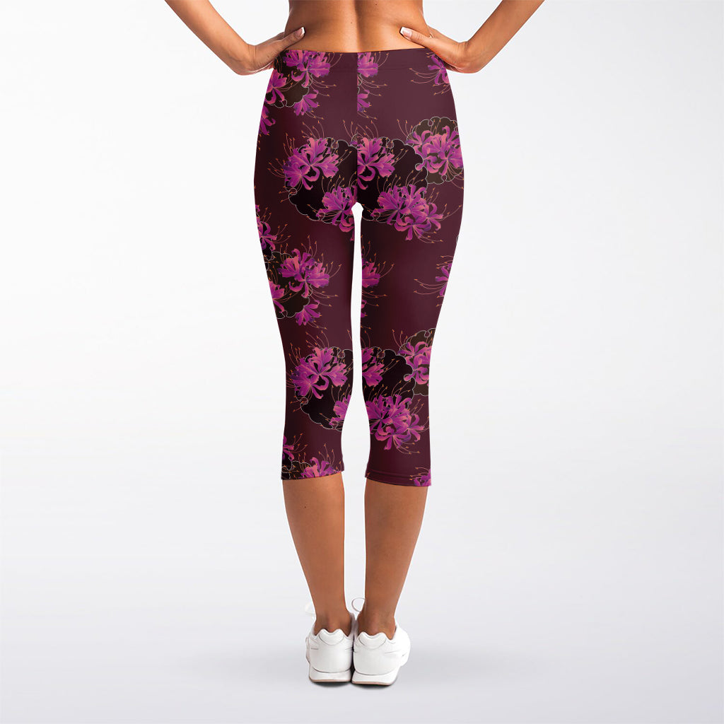 Purple Japanese Amaryllis Pattern Print Women's Capri Leggings