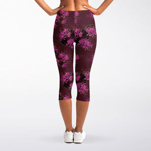 Purple Japanese Amaryllis Pattern Print Women's Capri Leggings