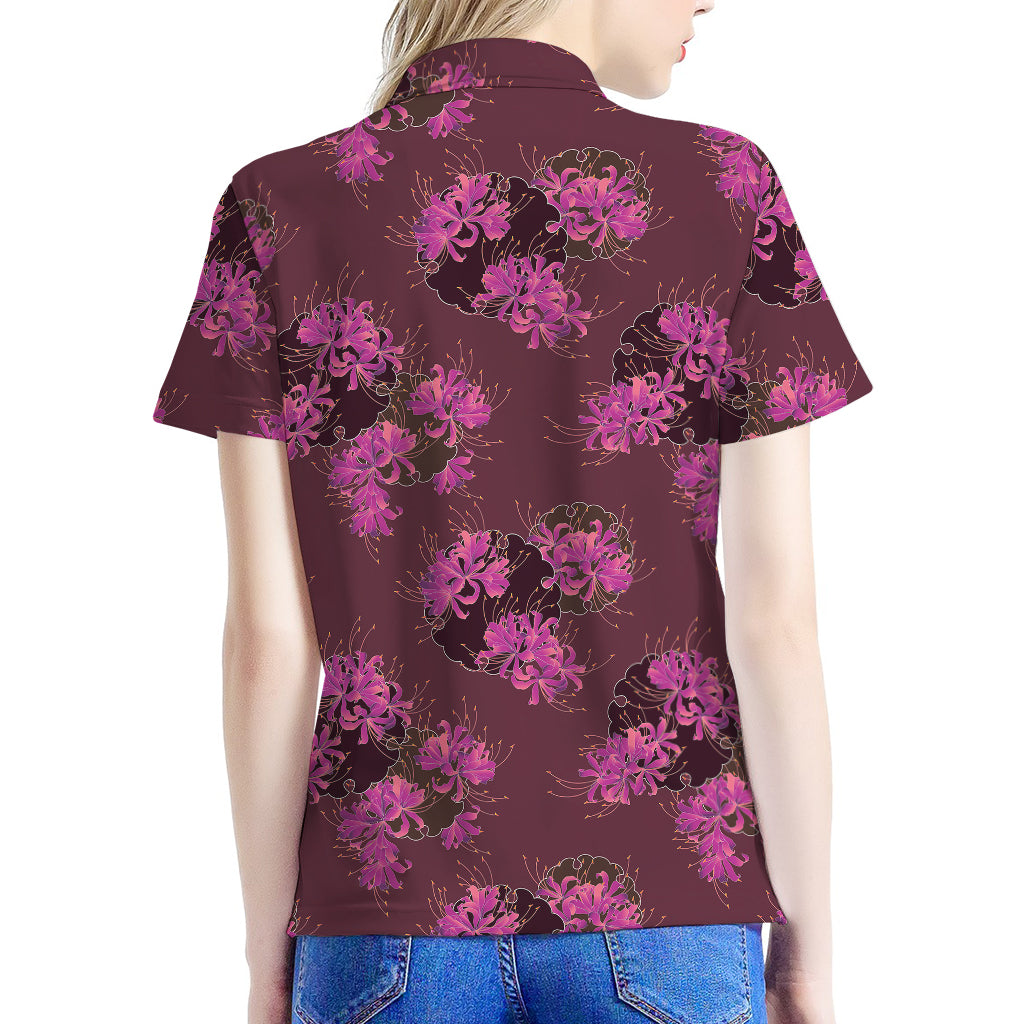 Purple Japanese Amaryllis Pattern Print Women's Polo Shirt