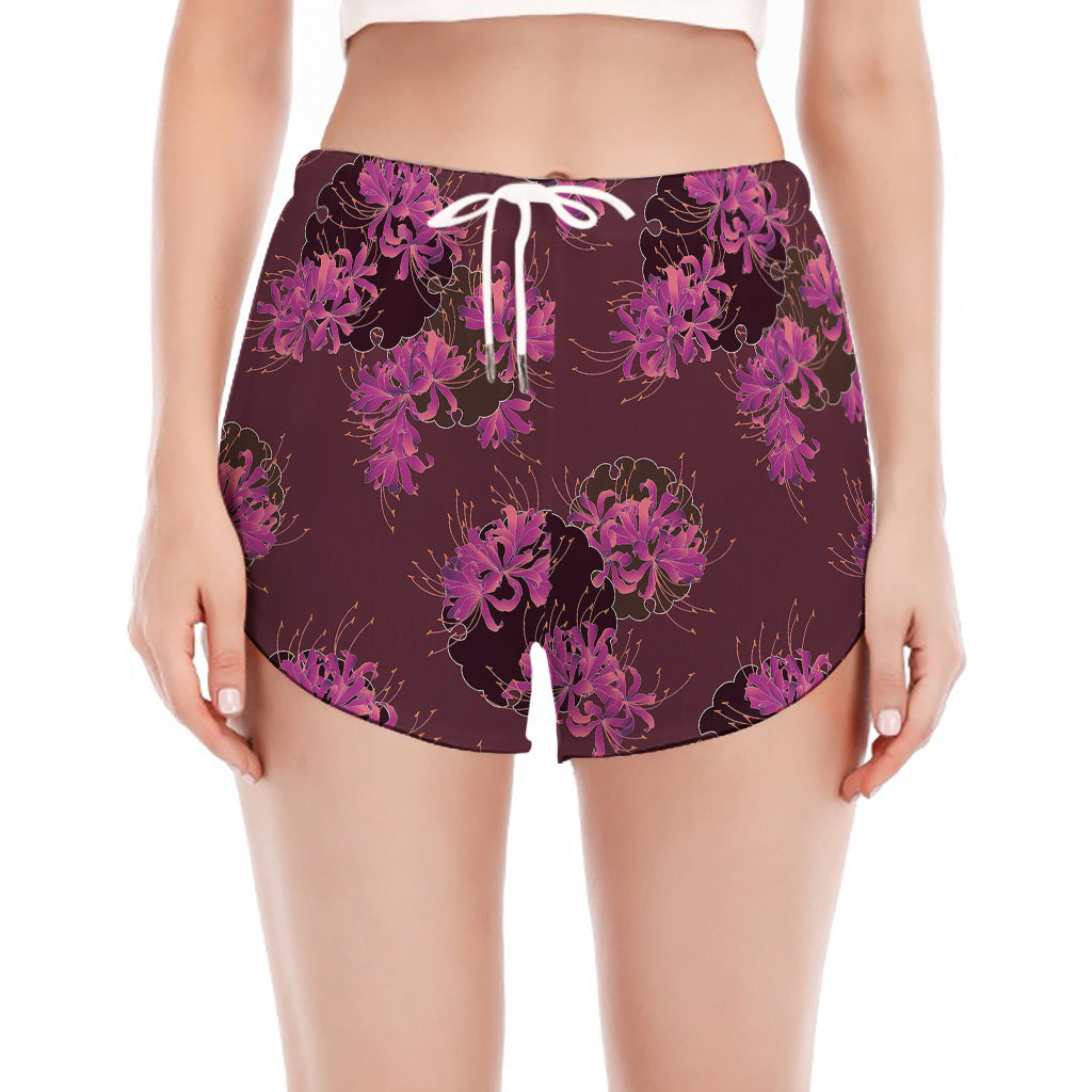 Purple Japanese Amaryllis Pattern Print Women's Split Running Shorts