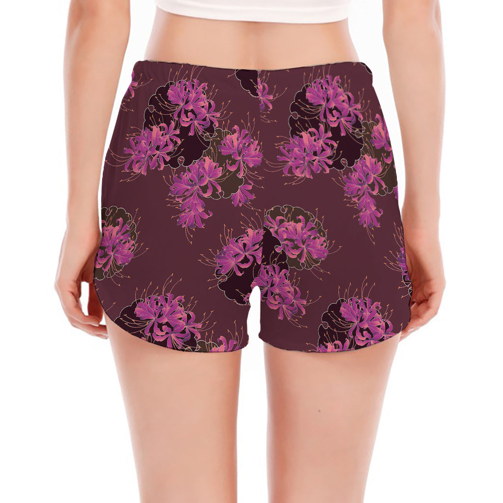 Purple Japanese Amaryllis Pattern Print Women's Split Running Shorts