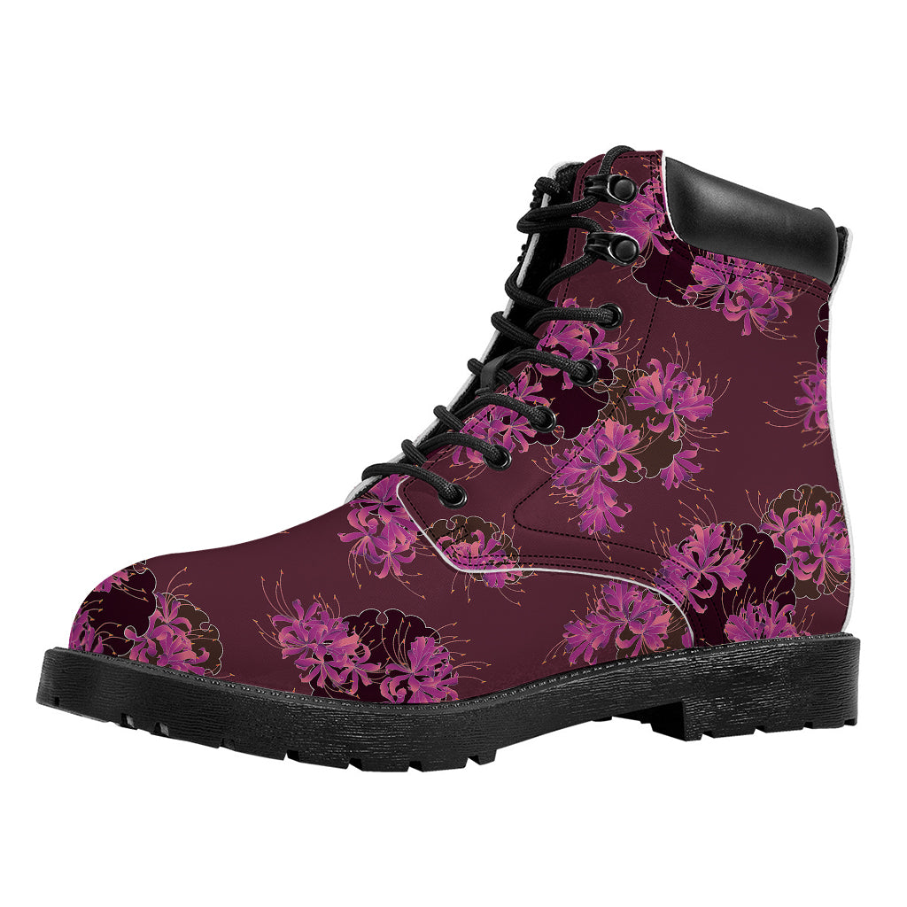 Purple Japanese Amaryllis Pattern Print Work Boots