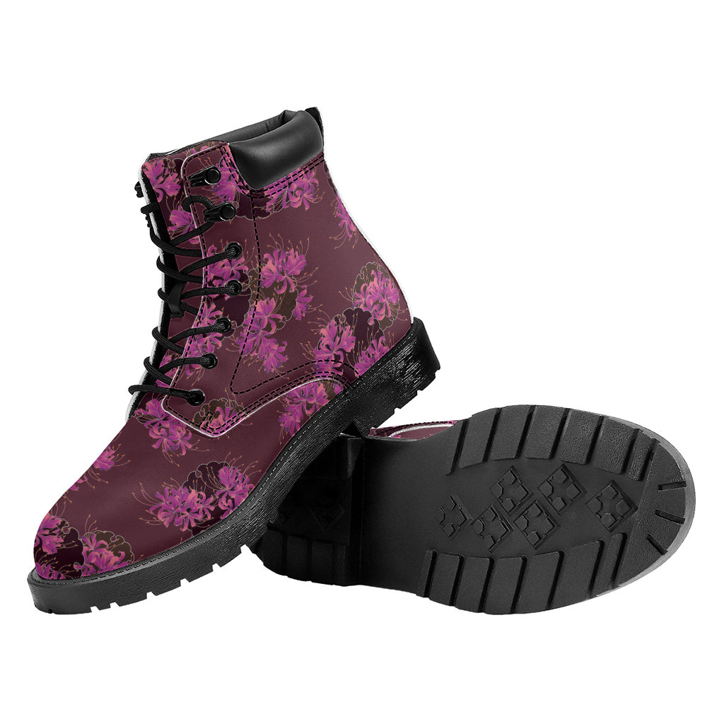 Purple Japanese Amaryllis Pattern Print Work Boots