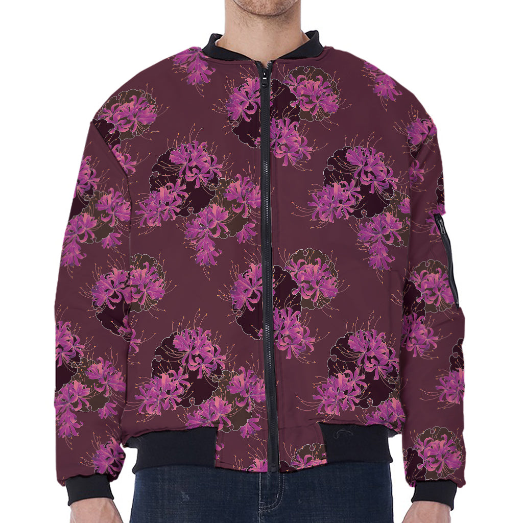 Purple Japanese Amaryllis Pattern Print Zip Sleeve Bomber Jacket