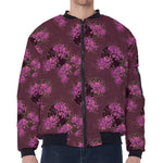 Purple Japanese Amaryllis Pattern Print Zip Sleeve Bomber Jacket