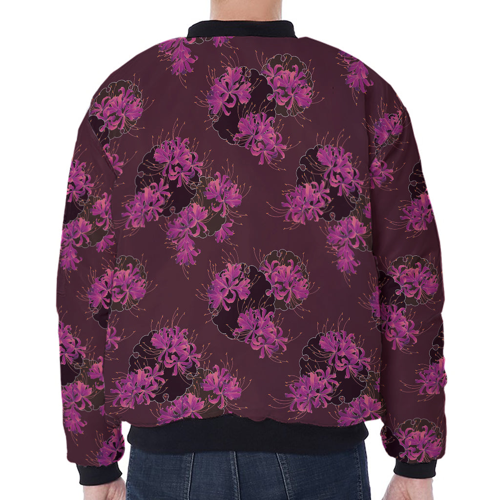 Purple Japanese Amaryllis Pattern Print Zip Sleeve Bomber Jacket