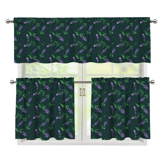 Purple Lavender Pattern Print 3 Piece Kitchen Curtains