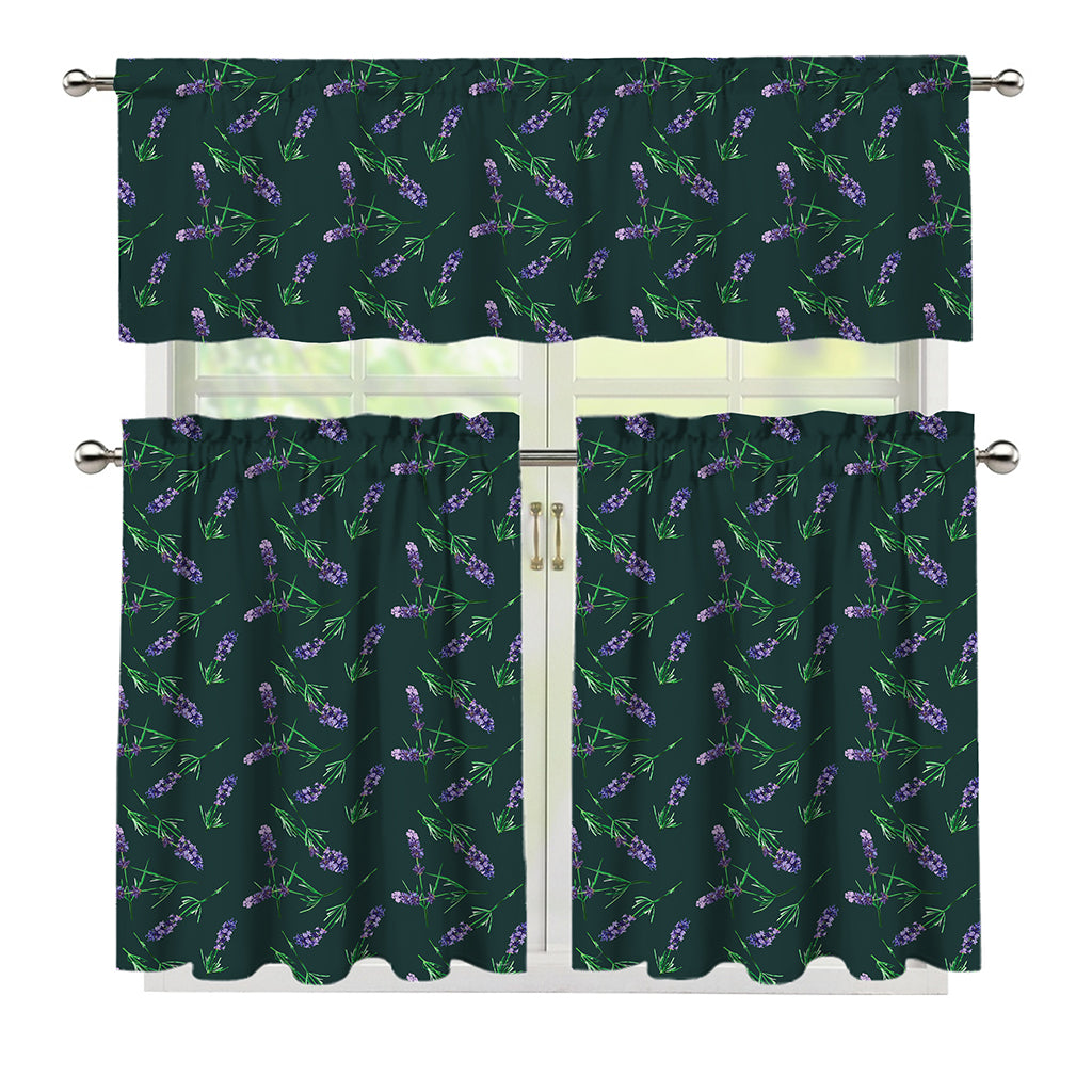 Purple Lavender Pattern Print 3 Piece Kitchen Curtains