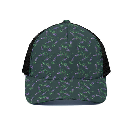 Purple Lavender Pattern Print Black Mesh Trucker Cap