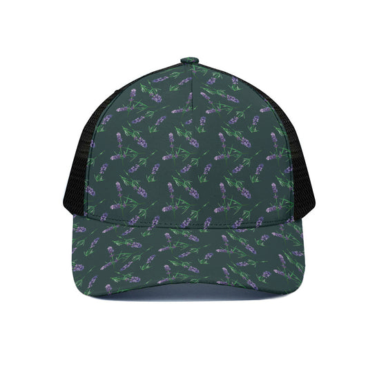 Purple Lavender Pattern Print Black Mesh Trucker Cap