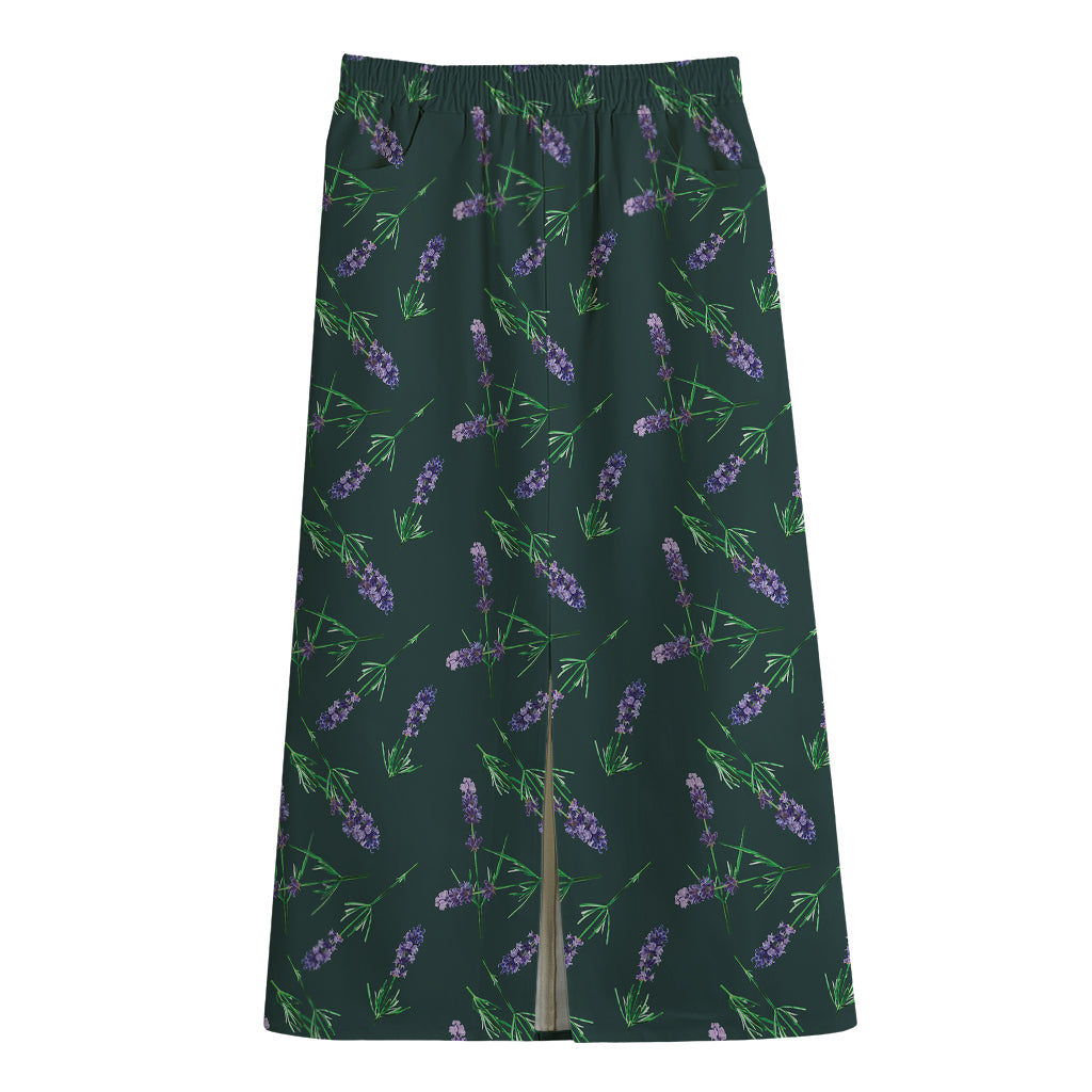 Purple Lavender Pattern Print Cotton Front Slit Maxi Skirt