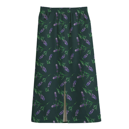 Purple Lavender Pattern Print Cotton Front Slit Maxi Skirt