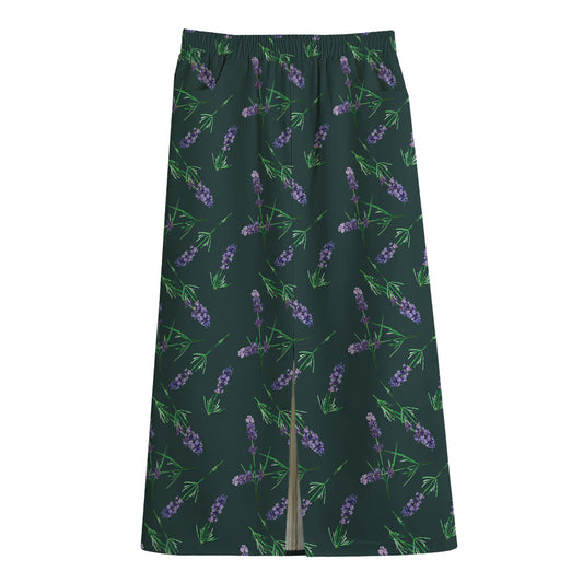 Purple Lavender Pattern Print Cotton Front Slit Maxi Skirt