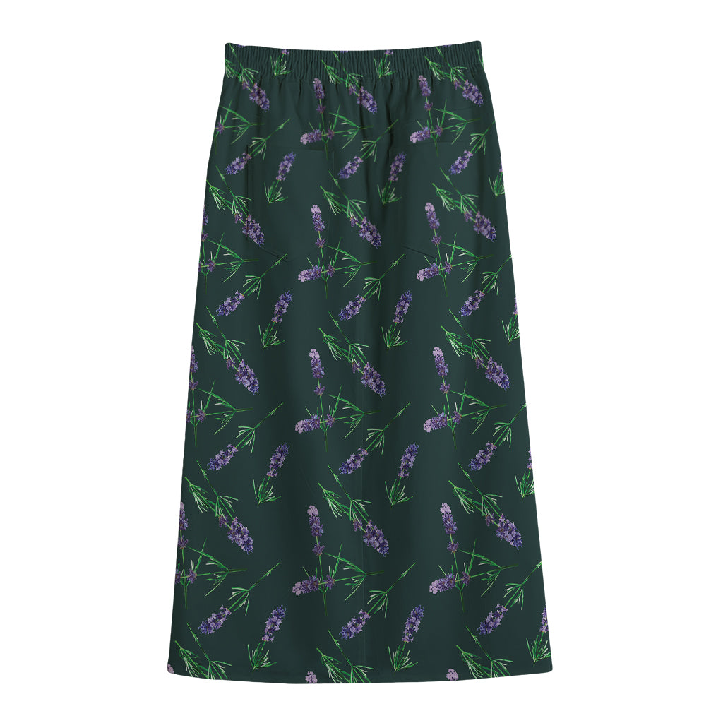 Purple Lavender Pattern Print Cotton Front Slit Maxi Skirt