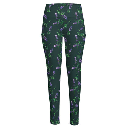 Purple Lavender Pattern Print High-Waisted Pocket Leggings