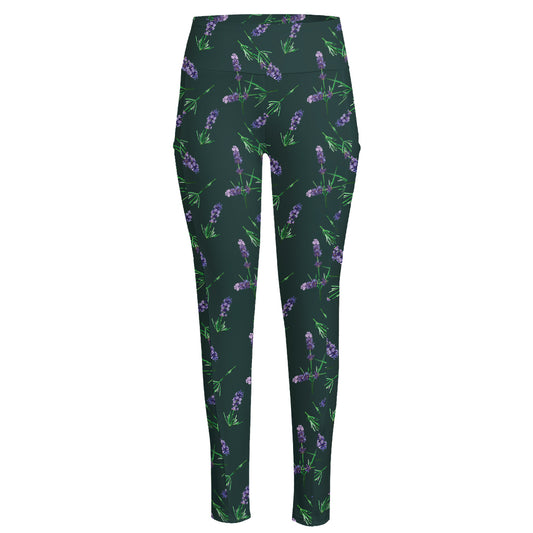 Purple Lavender Pattern Print High-Waisted Pocket Leggings