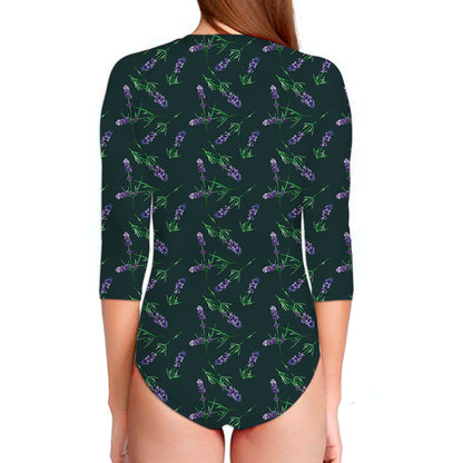 Purple Lavender Pattern Print Long Sleeve Swimsuit