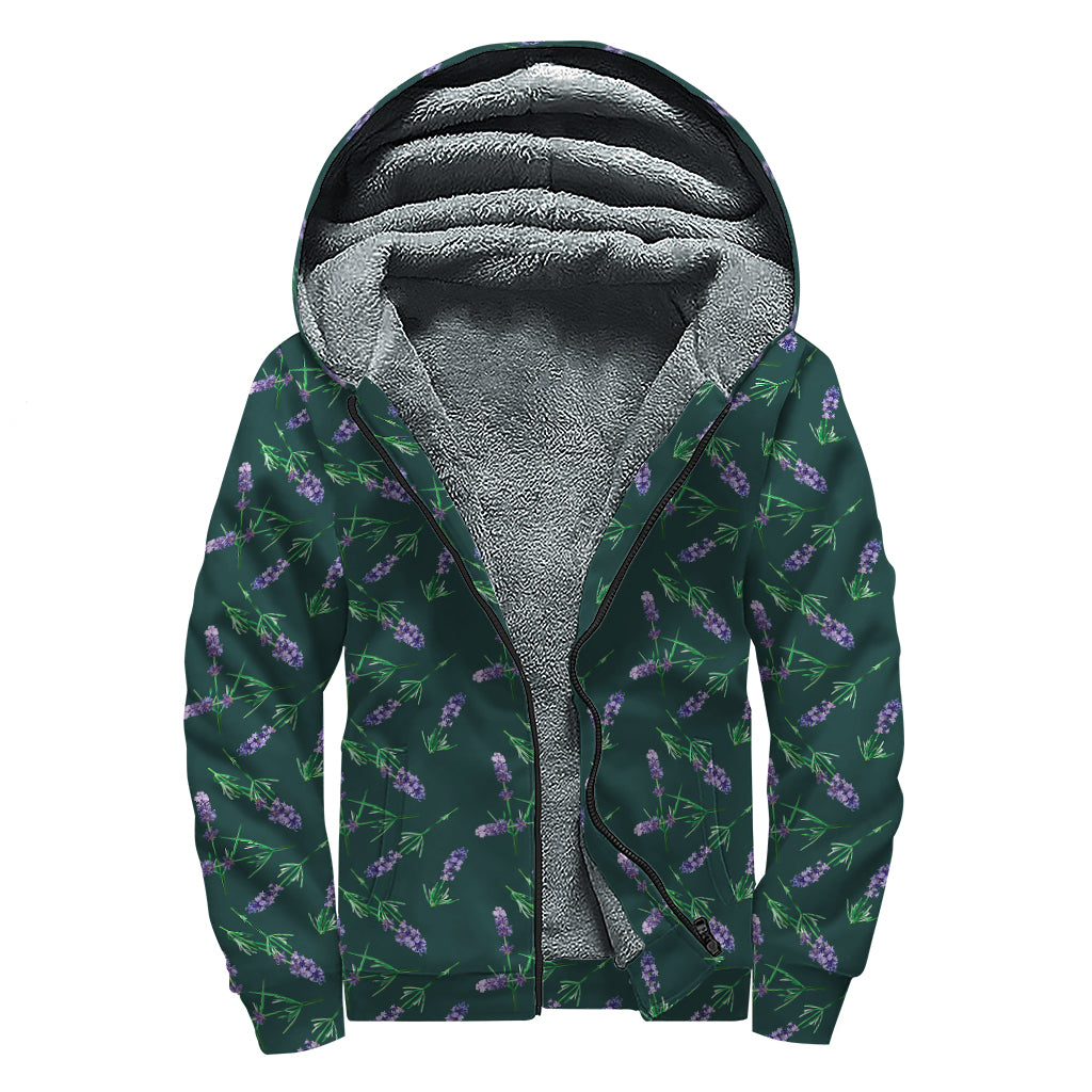 Purple Lavender Pattern Print Sherpa Lined Zip Up Hoodie