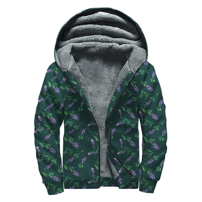 Purple Lavender Pattern Print Sherpa Lined Zip Up Hoodie
