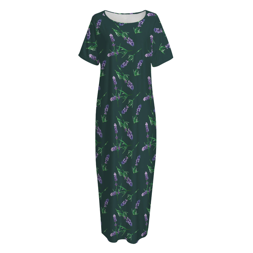 Purple Lavender Pattern Print Short Sleeve Long Nightdress