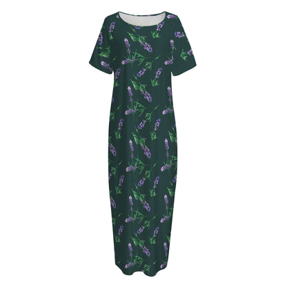 Purple Lavender Pattern Print Short Sleeve Long Nightdress