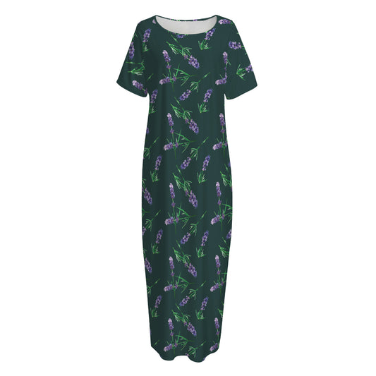 Purple Lavender Pattern Print Short Sleeve Long Nightdress